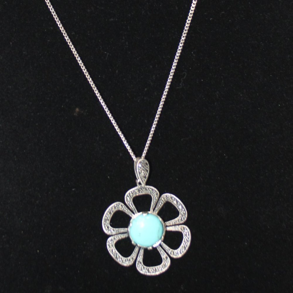 Sterling Silver and Turquoise Marcasite Flower Pendant